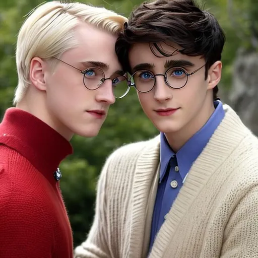 Prompt: A beautiful 19 male with blonde hair ((Draco Malfoy)) and a beautiful 19 male with dark hair ((Harry Potter)) are in love. Dark haired boy  wears round glasses. They are in love and have no fear of the rest of the world. Closeup gay couple, wonderful romantic portrait, Love against war, perfect beautiful male face, dramatic light, epic and romantic scene, perfect composition, Epic fantasy couple in love portrait. boys kissing, lgbt, gay. Photorealistic, 8K, romantic magic light. perfect anatomy, romance, super detailed and full of pathos.
