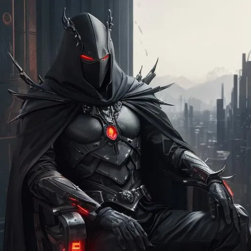 Prompt: An abnormally tall and lanky humanoid hunched over in nanotech armor with spines and metal protrusions. He has a black cape and is sitting ominously on a floating mechanical chair. His face is covered with a metal mask with beady glowing red eyes under a black hood. behance HD