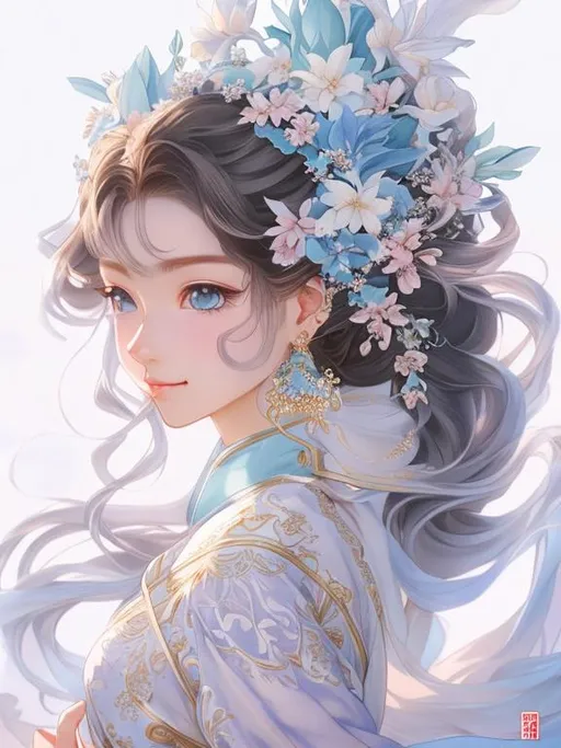 Prompt:  a gorgeous girl with straight maroon hair and pastel blue eyes, an oval face, and light skin, graceful, gentle, balanced facial features, dressing in a blue hanfu with a phoenix flame in her hand, epic, with a phoenix in the background
