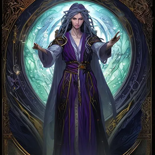 Prompt: "Create a mesmerizing character portrait from the following character description: Immerse yourself in the essence of Seraphina Stormweaver, a human wizard radiating enigmatic charm. She commands attention within a scholarly chamber adorned with timeworn tomes and mystical relics, an ambiance of scholarly sorcery enveloping her being.

Cloaked in robes that flow like cascading silk, Seraphina's fiery-red hair blazes like embers, a striking contrast against the arcane environment. Behind her half-moon spectacles, her eyes exude intellect and a deep attunement to the mystic forces that surround her. An iridescent pendant, reminiscent of a crystalline sphere, rests elegantly against her chest, casting a soft, enchanting glow.

In one hand, she wields a gnarled staff crowned by a multifaceted crystal, a conduit for her mastery over arcane energies. The other hand is poised mid-gesture, as if capturing the very essence of magic itself. Ethereal tendrils of arcane power twine around her fingers, an intricate dance of enchantment. Seraphina personifies both ancient wisdom and boundless potential, inviting all to embark on a journey to unveil the enigmas interwoven with her captivating magical odyssey."