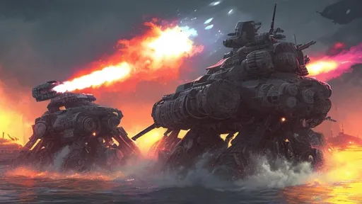 battlemech naval war, fighting in a storm, shooting... | OpenArt