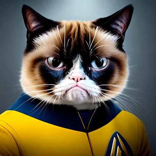 Prompt: A portrait of Grumpy Cat, wearing a Starfleet uniform, in the style of the Star Trek movies.