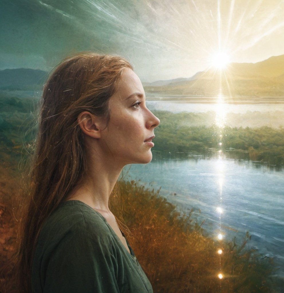 Prompt: a woman standing in front of a lake with a sky background and sun shining through the clouds above her, naturalism, a detailed matte painting