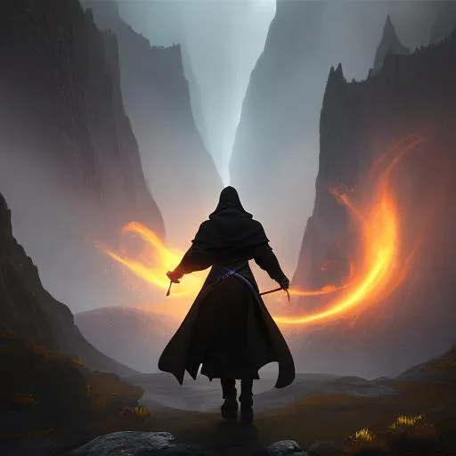 Prompt: Full-body detailed masterpiece, fantasy, high-res, quality upscaled image, perfect composition, subject of this image is a distant cloaked figure staring into the void,  black cloak, athletic body, 18k composition, 16k, 2D image, cell shaded, athletic torso, dark cliff background, shadowy aura, dnd, magical, hidden face