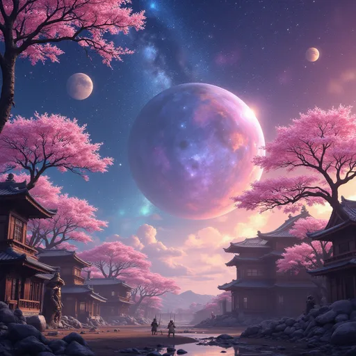Prompt: multicolored space background, vibrant cosmic colors, swirling galaxies, celestial bodies, distant radiant stars, detailed Japanese buildings with aromatic cherry blossom trees, warriors in battle, whimsical ambiance, high-quality HD, dynamic composition, inviting atmosphere, rich textures, enchanting dreamlike scene