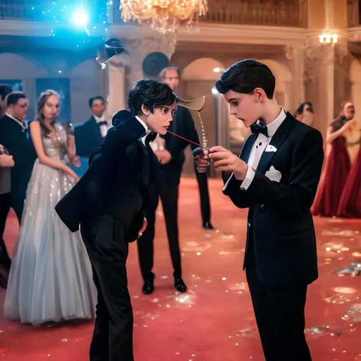 Prompt: Boy in a tuxedo casting a magic spell with his magic wand shaped like a stick about 3 inches long and standing next to his girlfriend who is in a big red puffy sparkly ball gown at prom