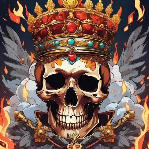 Prompt: Flaming skull wearing a crown, anime style, flag, one piece style