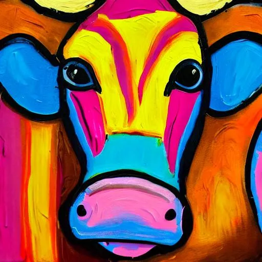 Prompt: A bright, vibrant, dynamic, spirited, vivid painting of a dairy cow. 