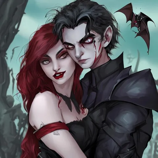 Prompt: Vampire woman on boy's shoulder