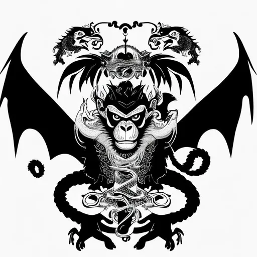 Prompt: black and white symbol with a monkey on the left, a dragon in the middle, and a raven on the right.