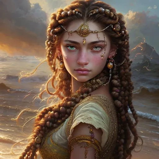 Prompt: Dreamy mysterious young girl with redish-black French braids, full pouty lips, luminous dreamy light yellow eyes, rosy skin, tribal brown clothes with black pearls, dark stormy Mediterranean coast, concept art by WLOP