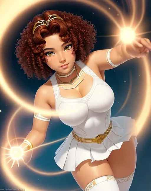 Prompt: A beautiful 14 year old ((Latina)) light elemental with light brown skin and a cute face. She has a curvy body. She has short curly reddish brown hair and reddish brown eyebrows. She wears a beautiful tight white princess outfit with a white skirt. She has brightly glowing yellow eyes and white pupils. She wears a small golden tiara. She has a yellow aura around her. She is using bright light magic in battle against a entire army in a open field. Epic battle scene art. Full body art. {{{{high quality art}}}} ((goddess)). Illustration. Concept art. Symmetrical face. Digital. Perfectly drawn. A cool background. Five fingers