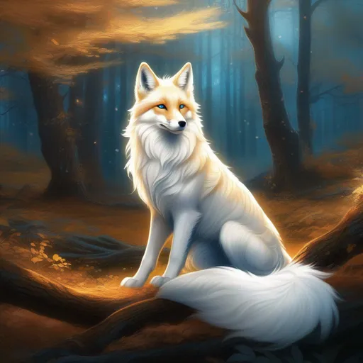 Prompt: (masterpiece, 2D, ultra detailed, epic digital art, professional illustration, fine colored pencil), Adolescent runt ((kitsune)), (canine quadruped), nine-tailed fox, dreamy blue eyes, fuzzy {gold-white} pelt, pointy brown ears, in a large forested clearing, trees tower above her, misty rain, clear puddles on floor, the forest lights up against twilight, possesses ice, timid, curious, cautious, nervous, alert, expressive bashful gaze, slender, scrawny, fluffy mane, {frost} on face, dynamic perspective, frost on fur, fur is frosted, sparkling ice crystals in sky, sparkling ice crystals on fur, sparkling rain falling, frost on leaves, dreamy, melodic, highly detailed character, petite body, large ears, full body focus, perfect composition, trending art, 64K, 3D, illustration, professional, studio quality, UHD, HDR, vibrant colors