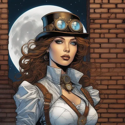Prompt: comic book style, a female steampunk artist, brick wall as background, Full-body portrait, detailed beautiful eyes, epic full moon in background, urban city, windy with clouds, 8k, dim lighting, by Barry Windsor-Smith