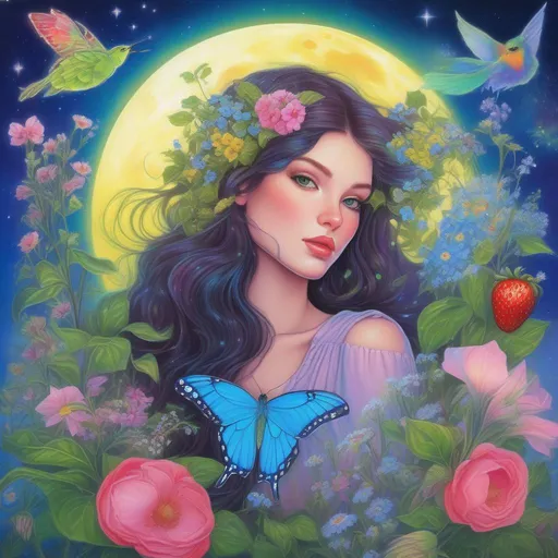 Prompt: A beautiful and colourful picture of Persephone with brunette hair and with a green Luna Moth, forget-me-not flowers, Baby's Breath flowers, a chickadee bird, animals and strawberry plants surrounding her, framed by the moon and constellations in a Lisa Frank art style. 