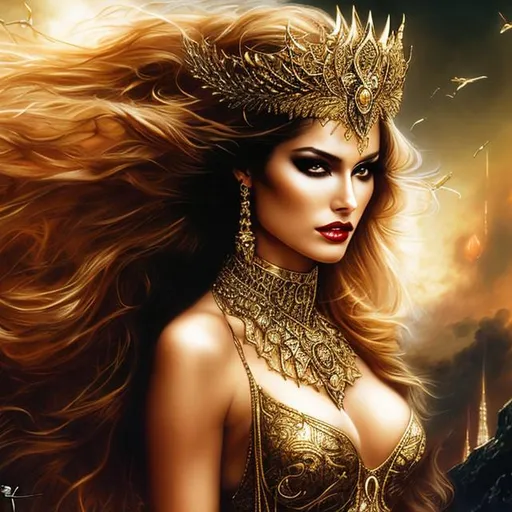 Prompt: Amazonian queen, scared, golden hair, exotic, beautiful, j. Scott Campbell, Luis Royo, Ayami Kojima, Joyce ballantyne 