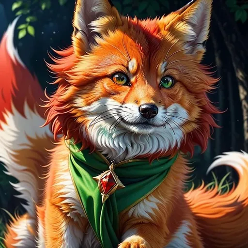 Prompt: (masterpiece, professional oil painting, epic digital art, 64k, best quality:1.5), tiny scarlet ((fox kit)), (canine quadruped), fire elemental, silky golden-red fur, highly detailed fur, timid, ((insanely detailed alert emerald green eyes, sharp focus eyes)), sharp details, gorgeous 8k eyes, insanely beautiful, extremely beautiful, fluffy glistening gold neck ruff, energetic, two tails, (plump), fluffy chest, enchanted, magical, finely detailed fur, hyper detailed fur, (soft silky insanely detailed fur), presenting magical jewel, beaming sunlight, lying in flowery meadow, professional, symmetric, golden ratio, unreal engine, depth, volumetric lighting, rich oil medium, (brilliant dawn), full body focus, beautifully detailed background, cinematic, 64K, UHD, intricate detail, high quality, high detail, masterpiece, intricate facial detail, high quality, detailed face, intricate quality, intricate eye detail, highly detailed, high resolution scan, intricate detailed, highly detailed face, very detailed, high resolution