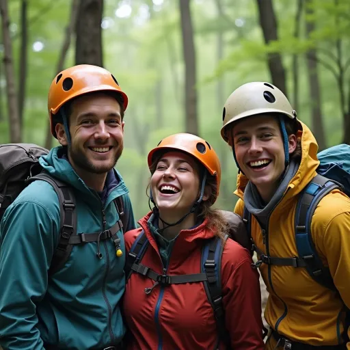 Prompt:  3 mountain climbers having fun
laughing green forest surrounding them
