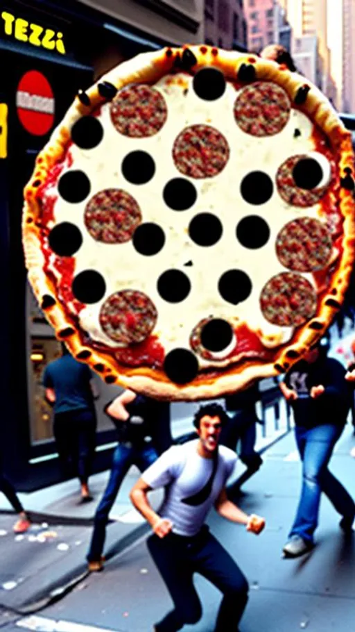 Prompt: Attack of the pizza invaders in manhattan 