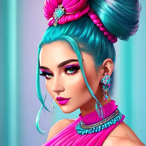 Prompt: An extremely gorgeous woman,  with top knots full of cyan jewels, in color scheme of cyan and magenta