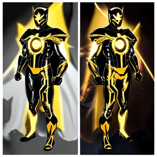 Prompt: solar powered superhero gold & black suit with flare cape