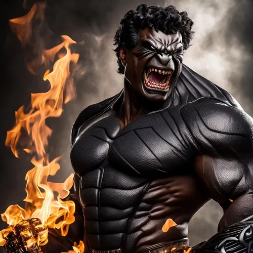 Prompt: High-resolution hyperrealistic photo of {shadow-king} amahl-farouk merged with bruce-banner [incredible-hulk], inky-black skin, {burning-orange eyes}, vicious grin, filed teeth, deep-shadows, possession, photorealistic, highly detailed, uhd, hdr, 64k