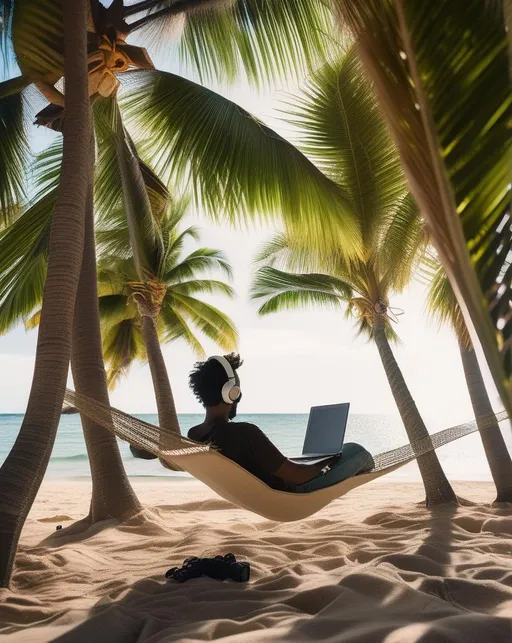 Prompt: A remote worker sitting relaxed on a tropical beach with coconut trees swaying in the breeze behind them. They type on a laptop while chilling in a hammock wearing headphones, focused yet comfortable. Natural lighting filters through the palm fronds. Shot with a Fujifilm X-T4 with 35mm lens. The mood is peaceful productivity and freedom. In the style of before-and-after storytelling photography.