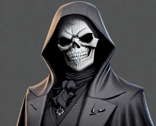Prompt: man,gangster,skull face detailed,smiling,cloak,smooth 4k hd animation,cinematic,all detailed,grey background 