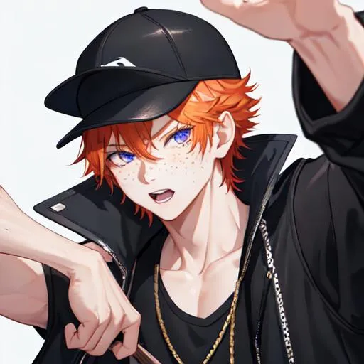 Prompt: Erikku male (short ginger hair, freckles, right eye blue left eye purple) muscular, UHD, 8K, Highly detailed, insane detail, best quality, high quality. hands in the air, wearing a sideways baseball cap, black jacket, black shorts, streetwear