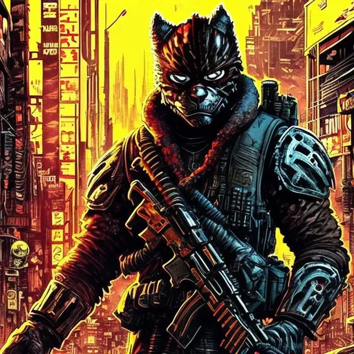 Prompt: Gritty Todd McFarlane style Thundercat. Full body. Gritty, futuristic army-trained villain. Bloody. Hurt. Damaged. Accurate. realistic. evil eyes. Slow exposure. Detailed. Dirty. Dark and gritty. Post-apocalyptic Neo Tokyo .Futuristic. Shadows. Armed. Fanatic. Intense. 