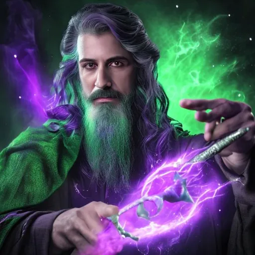 Prompt: purple and green, realistic photo, magical, wizard, handsome, middle age, male, wand