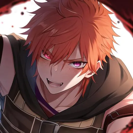 Prompt: Erikku male adult (short ginger hair, freckles, right eye blue left eye purple) UHD, 8K, Highly detailed, insane detail, best quality, high quality,  anime style,  fighting, covered in blood, psychotic