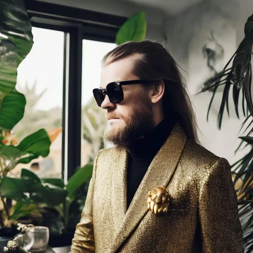 Prompt: Norwegian DJ with long hair and a long beard. He is wearing a black turtle neck and gold necklace. Danish modern house with tropical plants. He is wise and young. Star sunglasses. Blazer. There is snow outside the window. A fire place inside. 