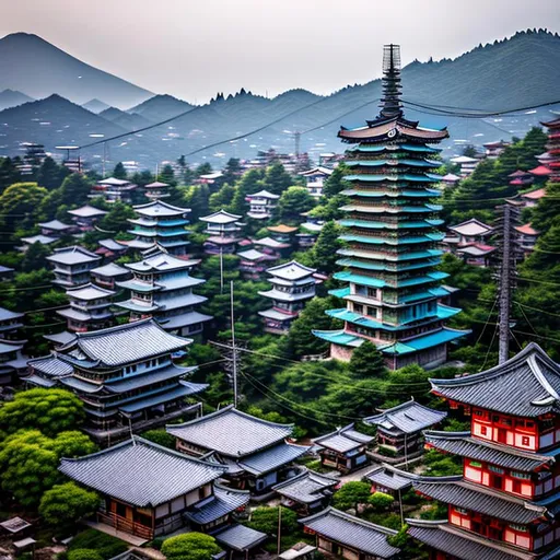Prompt: In a rustic Japanese town, a cellphone tower is obviously disguised a pagoda. Its roof corners and eaves are adorned with abundant telecommunications equipment, seamlessly blending into the surroundings. While camouflaged, the tower still retains its identity as a cellphone tower. Carefully placed antennae and satellite dishes can be found among its rooftop. The camera, attuned to capturing this intriguing sight, employs a wide-angle lens to encompass the tower and its surroundings. Inspired by the works of contemporary photographers like Fan Ho and Edward Burtynsky, this image showcases the art of blending technology with cultural heritage.