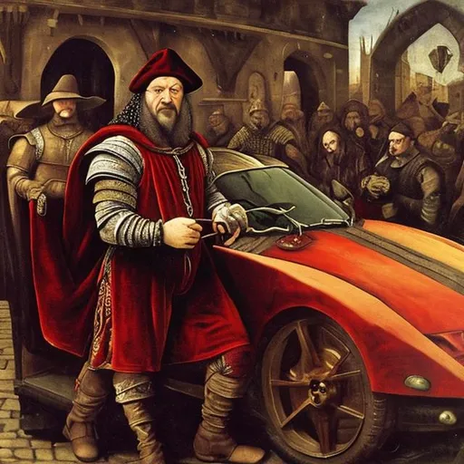 Prompt: Medieval merchant driving a sportscar, dressed in velvet and brocate, oil painting, 16th century, realistic, in the style of Da Vinci