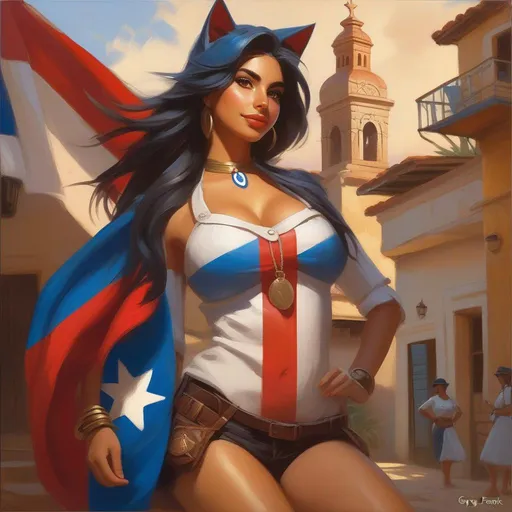 Prompt: Uruguayan catgirls, Uruguayan flag, cartoony style, extremely detailed painting by Greg Rutkowski and by Henry Justice Ford and by Steve Henderson 