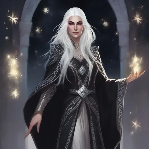 dnd a elven woman with long flowing silver hair and...