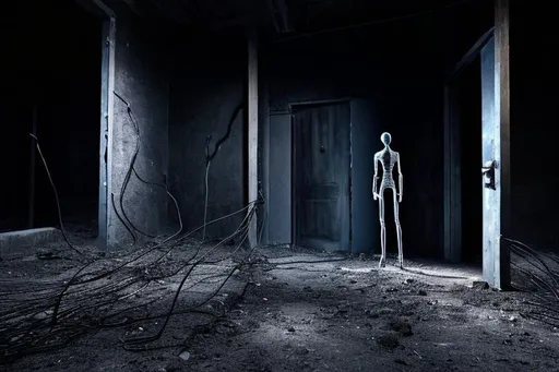 Prompt: Dark wire figure standing in doorway