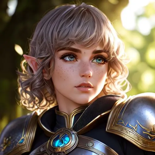Prompt: cinematic shot, elf, dnd, cleric,  leather armor, detailed face, detailed eyes, full eyelashes, detailed interior, ultra detailed accessories, short curly hair, bangs, freckles, 

((sunshine, very strong sunlight on face, cinematic lighting, volumetric lighting, beautiful shading, head light, back light, natural light, ray tracing, symmetrical)), (((masterpiece, professional, professional illustration))), Fantasy style,

UDR, HDR, 64k, beautiful, stunning, masterpiece
