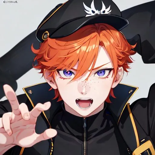 Prompt: Erikku male (short ginger hair, freckles, right eye blue left eye purple) muscular, UHD, 8K, Highly detailed, insane detail, best quality, high quality. hands in the air, wearing a sideways baseball cap, black jacket, black shorts