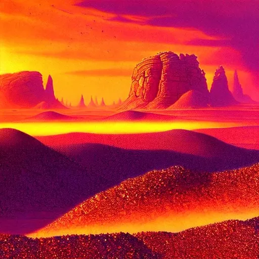 Prompt: concept art, hyperrealism, thick red sandstorm grain filter, "Warlocks and Warriors" Sprague de Camp style, purple desert, purple crag and cliffs, red sky, sun hidden by sand