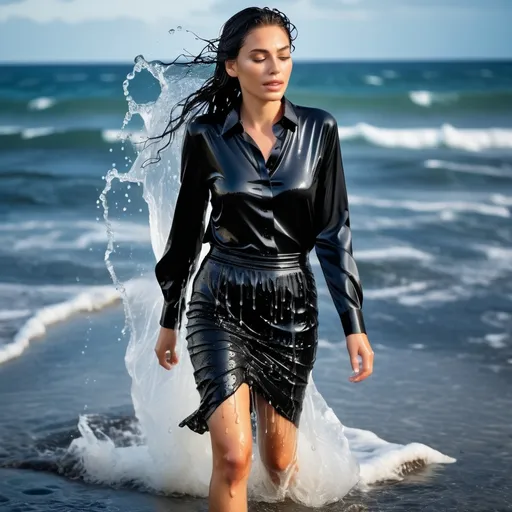 Prompt: photo of young woman, soaking wet clothes, White sandals, Knee length black pencil skirt dripping , Tight long sleeve blouse,  , Walking out of ocean,   enjoying, water dripping from clothes, clothes stuck to body,  detailed textures of the wet fabric, wet face, wet plastered hair,  wet, drenched, professional, high-quality details, full body view.