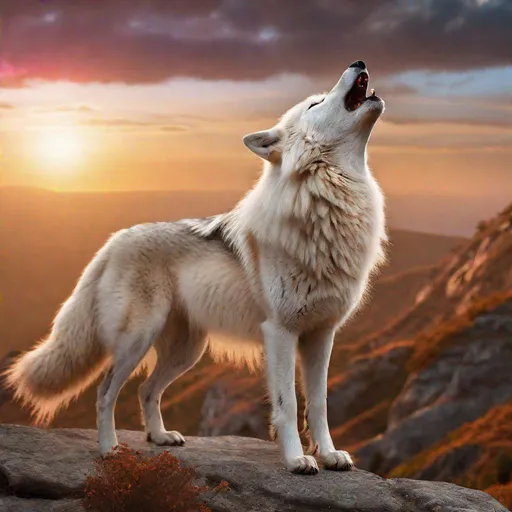 Prompt: beautiful white wolf howling, standing on cliffside, sunrise, UHD, full body focus, professional, vibrant, wild billowing fur, big 8k {umber eyes}, thick fluffy {rose-gold mane}, vivid colors, rich colors, majestic colors, majestic golden sky, realistic fur, highly detailed, intricate detail, Anne Stokes, Yuino Chiri, detailed oil painting, masterpiece, unreal engine, artstation, 8k HD