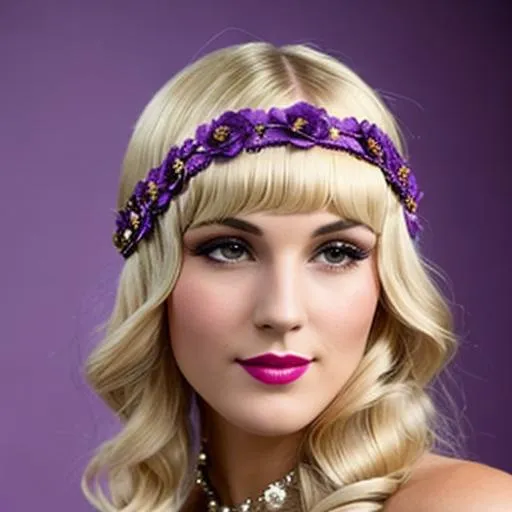 Prompt: 1920s flapper with very  long blonde hair and a headpiece made of purple roses her head 