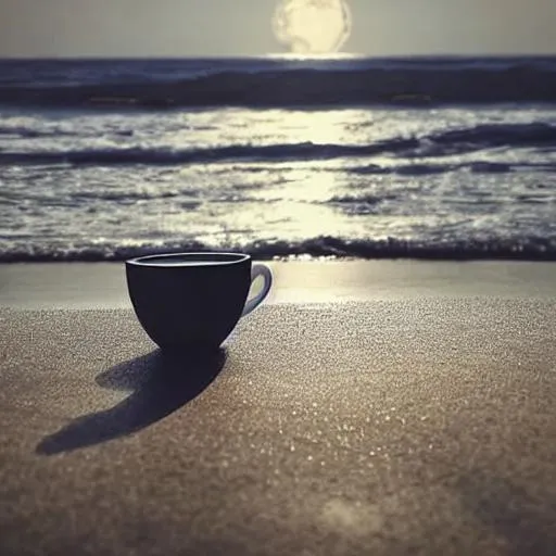 Prompt:  Morning on the seashore, you can see the water liking across 
Coffee on the  small table  beside it moon ,sun refles on it the  shadow of cup appeare , surialistic drawing
