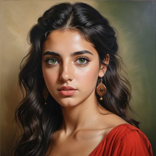 Prompt: Young Greek women, oil painting, hyper realistic, high details, symmetric, perfect eyes, perfect hair, beautiful, dark green eyes, black hair, tan skin, red dress,