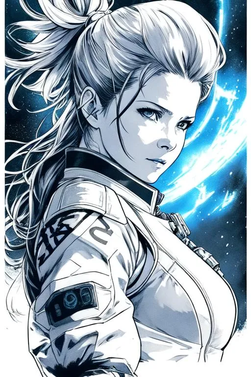 Prompt: Start trek Poster art (((Yoji Shinkawa))), sticker of ultra detailed portrait of captain Janeway  in white holy armor,  high quality cell shaded illustration in post apocalyptic style by Yoji Shinkawa, ((full body portrait)), dynamic pose, perfect anatomy, centered, freedom, soul, long hair, approach to perfection, cell shading, 64k , cinematic dramatic atmosphere, watercolor painting, global illumination, detailed and intricate environment, artstation, concept art, fluid and sharp focus, volumetric lighting, cinematic lighting, Art by Yoji Shinkawa,