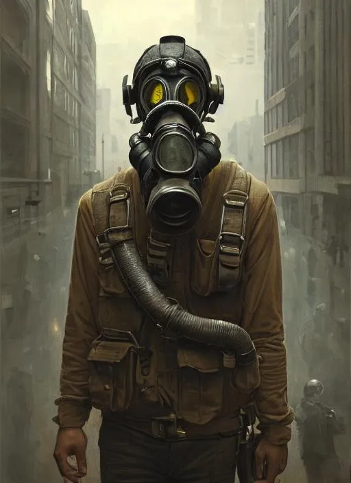 Prompt: Portrait of a man with a gas mask,face, city, perfect composition, hyperrealistic, super detailed, 8k, high quality, trending art, trending on artstation, sharp focus, studio photo, intricate details, highly detailed, by greg rutkowski