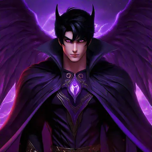 Prompt: Desmosin (male, black hair, purple eyes) wearing a cape, as a demon