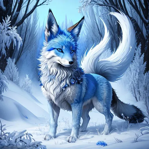 Prompt: (masterpiece, professional oil painting, epic digital art, best quality, highly detailed:1.5), extremely beautiful blue vixen ((fox)), (canine quadruped), female, adolescent, ice elemental, deep blue fur covered in frost, (bashful hypnotic sapphire blue eyes), 8k eyes, sprawled on frosted field, insanely beautiful, gorgeous billowing silver mane covered in frost, (plump:2), brightly glistening fur, thick silky glistening mane, by Anne Stokes, by Yuino Chiri, detailed smiling face, finely detailed fur, hyper detailed fur, (soft silky insanely detailed fur), moonlight beaming through clouds, grassy field covered in frost, fluffy fox ears, highly detailed mouth, cool colors, beaming sun, professional, symmetric, golden ratio, unreal engine, depth, volumetric lighting, rich oil medium, (brilliant auroras), (ice storm), full body focus, beautifully detailed background, highly detailed defined furry legs, cinematic, 64K, UHD, intricate detail, high quality, high detail, masterpiece, intricate facial detail, high quality, detailed face, intricate quality, intricate eye detail, highly detailed, high resolution scan, intricate detailed, highly detailed face, very detailed, high resolution